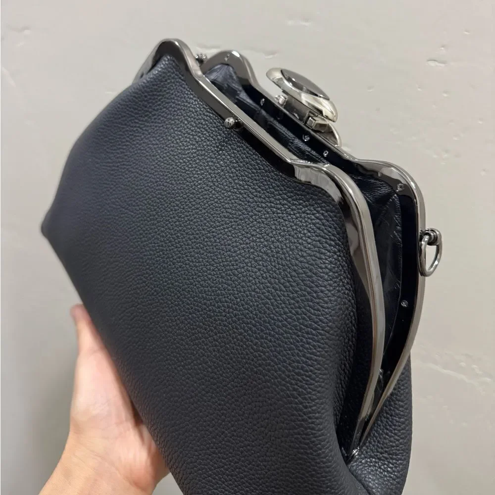 Black Togo Cowhide Leather Handmade Custom Metal Frame Handbag & 2 Strap Styles